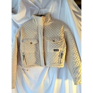 Hurley Quilted Cropped Puffer Jacket Beige Tan Zip‎ Up Mock Neck Womens Medium
